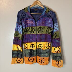Vintage Y2K Rising International Patchwork Peace Sign Tie Dye Zip Up Hoo…